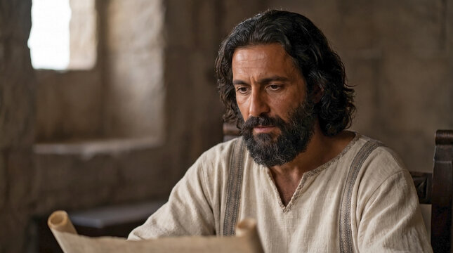 Focused ancient Levantine man reading a parchment scroll. Historical biblical king character studying in a stone room