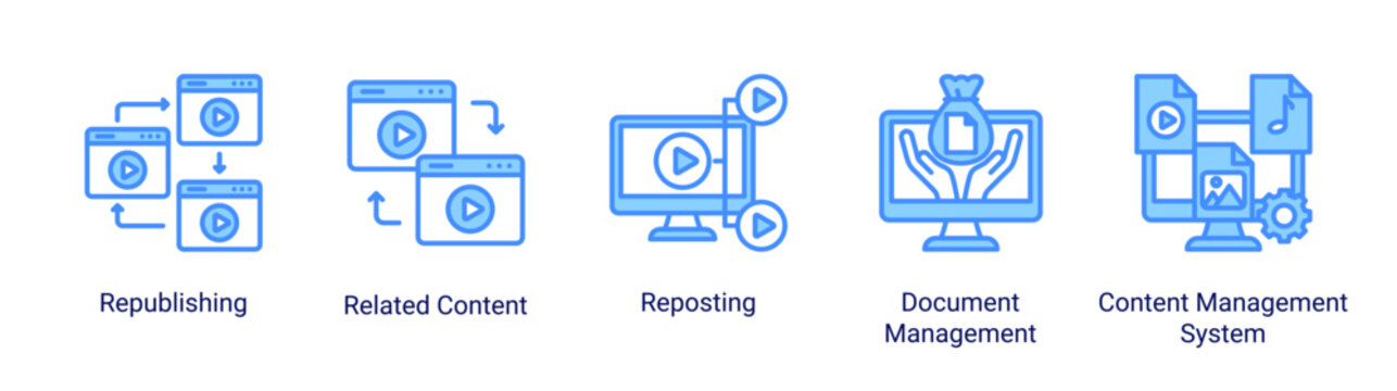 Content Delivery icon set featuring content distribution,reuse,and document organization across digital platforms.