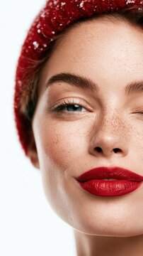 Half face portrait of an attractive woman with a red Santa hat and beautiful makeup winking, isolated on a white background with stylized snowflakes, advertising copy space