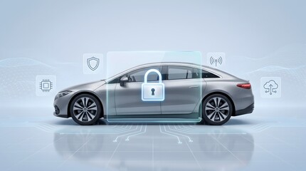 Fototapeta premium Modern silver sedan with digital security icons and circuit board elements