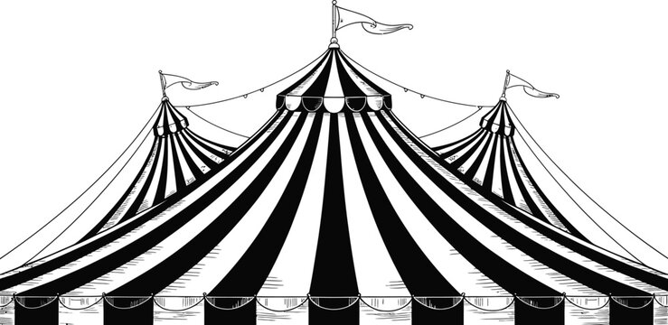 Vintage black and white striped circus tent, classic carnival canopy, monochrome big top illustration, retro event shelter