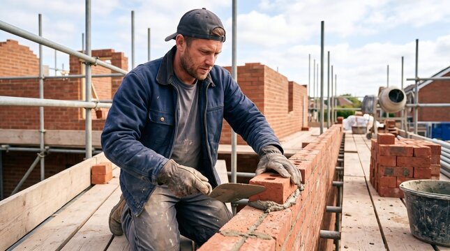Construction worker laying bricks on a new building site with scaffolding and cement mixer in background