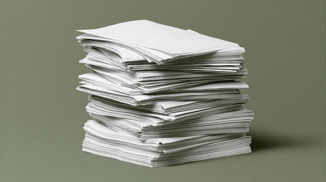 Tall large stack of blank white paper sheets standing against solid muted green background representing heavy office workload and paperwork bureaucracy concept