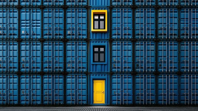 Stacked blue shipping containers arranged into modular building with central bright yellow door and two windows on facade showing repurposed industrial architecture concept