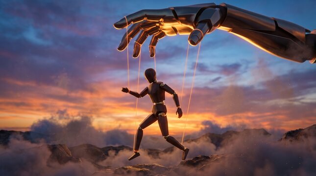 A large robotic hand manipulates a human-like puppet with strings against a dramatic sky, symbolizing control and artificial intelligence.