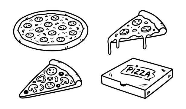 Hand drawn pizza outline doodle set with whole pepperoni pizza and cheese slices isolated on white background