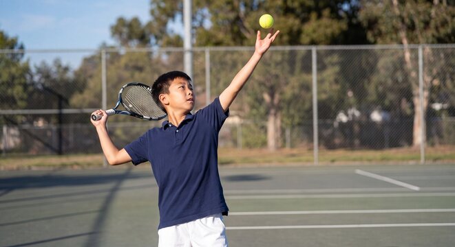 A determined young Asian boy throws the ball up to serve during a tennis practice session on an outdoor hardcourt.