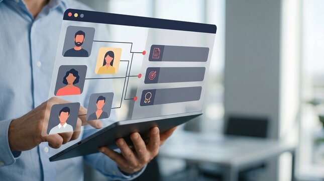 Man holding tablet with HR manager reviewing candidate profiles, profile review, hiring process, recruitment workflow