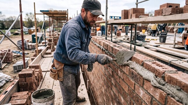 Skilled bricklayer meticulously applying mortar to build a new brick wall on a construction site
