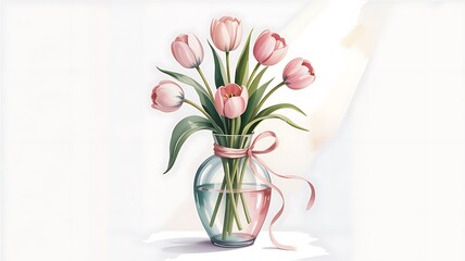 Obraz premium Soft pink tulips blooming beautifully in a transparent vase adorned with a lovely pink ribbon