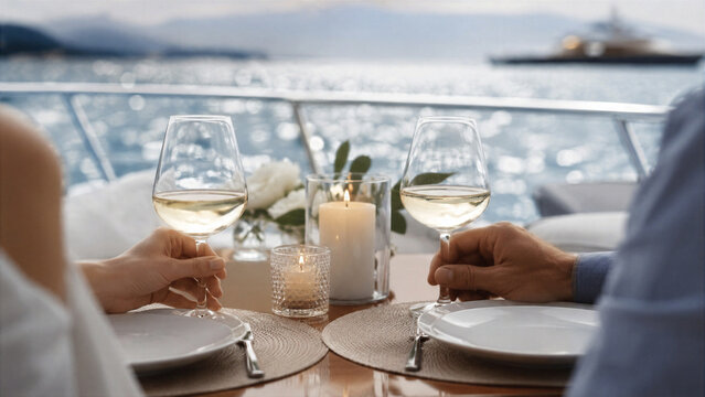 Woman and man sharing wine on yacht deck. Romantic dinner date against sea landscape. Luxury vacation and lifestyle concept. Exclusive evening travel experience on boat at ocean cruise.