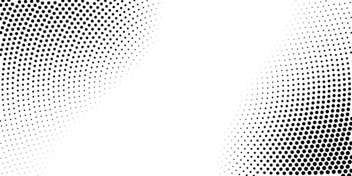 Black and white circular halftone dot pattern background with panoramic gradient frame