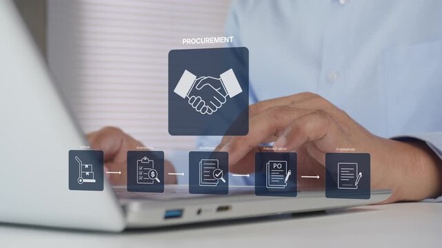 Business professional using laptop to manage procurement processes, digital document approval, contract review, supplier negotiation, purchasing operations, paperless work, modern office environments.