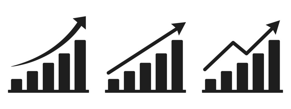 Three black bar graph icons with upward trending arrows