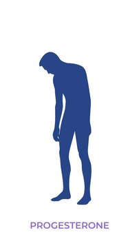 Male silhouette transforming into a tired, exhausted figure with progesterone concept text below.