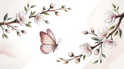 Fototapeta premium Soft watercolor butterfly gently approaching delicate cherry blossom branches in bloom