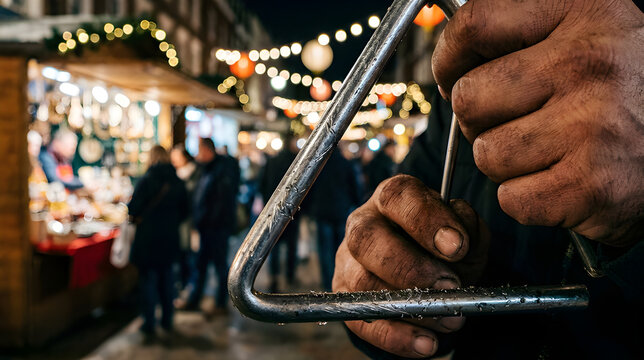 Close Up of Musician Playing Triangle Instrument at Brazilian Festa Junina Night Festival