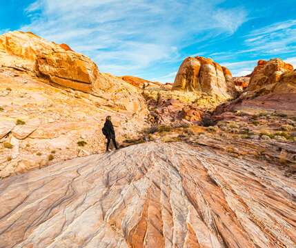 Female Hiker Walking Across Striped Slick Rock In Kaolin Wash, Valley of Fire State Park, Nevada, USA