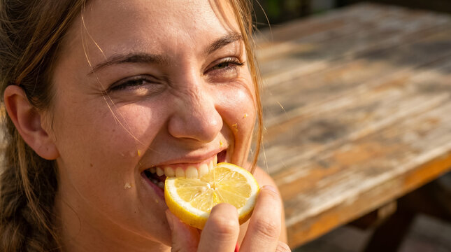 Young woman grimacing from the sour taste while biting into a fresh lemon half outdoors in bright sunlight