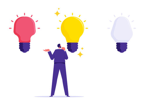 Idea different thinking concept, creativity to develop and discover new thing, businessman try another solution to solve business problem with different light bulbs of idea