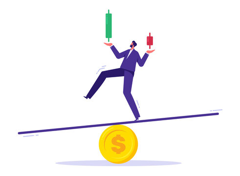Loss and gain on investment concept, earning, profit or lose money from stock market, financial green and red candle stick graph of stock market investment trading, businessman balance on seesaw holdi
