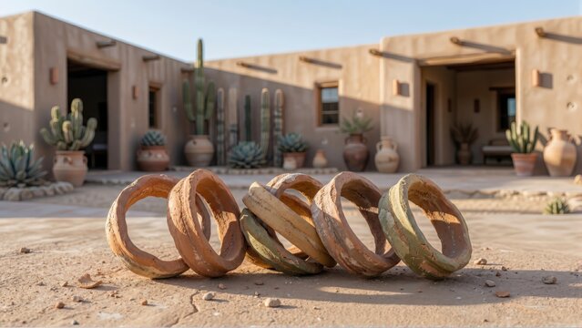 Handmade Clay Rings Arranged on Ground Outside Adobe House in Desert Landscape Style