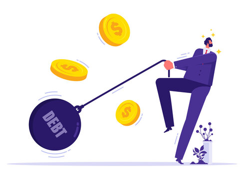 Money management concept, businessman throwing heavy iron ball with text debt out