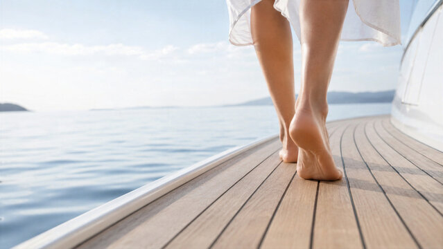 Woman walking barefoot on teak deck of luxury yacht. Cinematic shot of feminine legs and white dress on boat. Concept of premium vacation, summer travel and ocean cruise lifestyle.