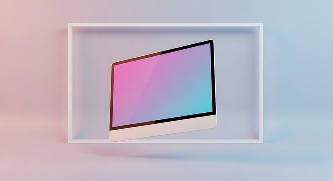 A floating modern computer scren displayed within a minimalist white frame on a soft pastel gradient background for digital branding and tech concept