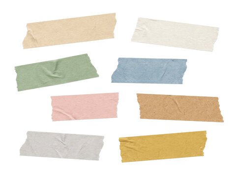Collection of colorful torn paper tape strips isolated on white