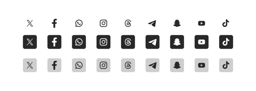 Monochrome social media logo collection showing simple black outline icons paired with solid black and grey square containers for clean user interface design and versatile web graphic asset use.