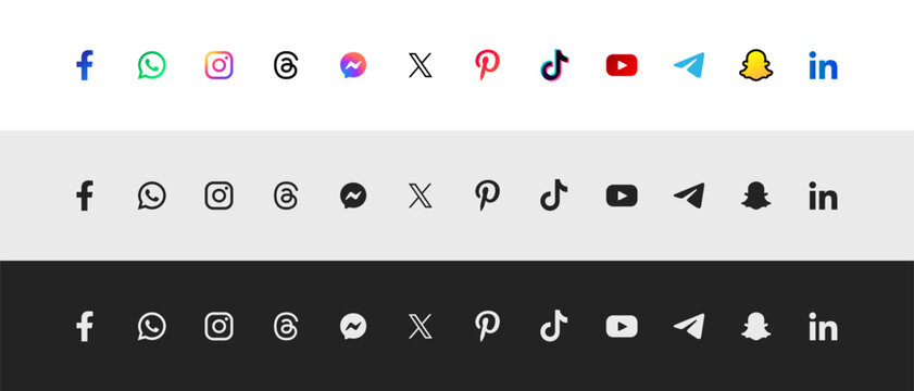 Global social network logos row arranged on white light grey and dark backgrounds featuring facebook whatsapp instagram threads messenger x pinterest tiktok youtube telegram snapchat linkedin.