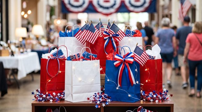 Patriotic Shopping Bags Decorated with American Flags and Stars for Holiday Celebration