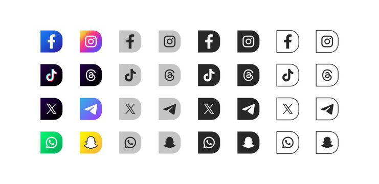 Social media icon set collection featuring facebook instagram tiktok threads x telegram whatsapp and snapchat logos in various styles including colorful grey black and outlined vector designs.