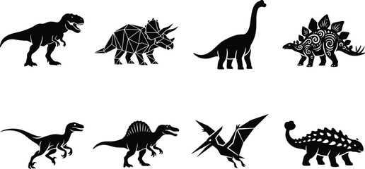 Collection of dinosaur silhouettes featuring Tyrannosaurus, Triceratops, Brachiosaurus, Stegosaurus, Velociraptor, Spinosaurus, Pteranodon, and Ankylosaurus © MdReazul