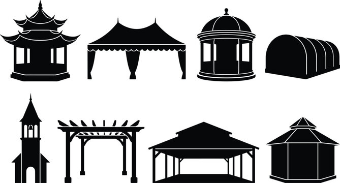 Garden Structure Silhouette Icons Set with Gazebo Pavilion Pergola Tent Kiosk and Outdoor Shelter Vector Collection
