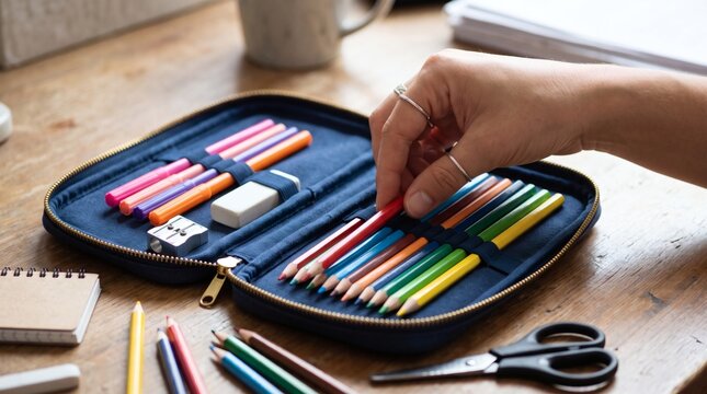 Hand selecting a red colored pencil from a blue pencil case filled with art supplies on a wooden desk