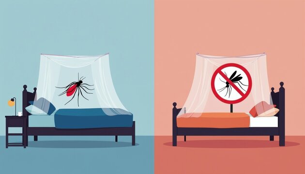 Illustration shows mosquito inside bed net on left side and crossed out mosquito on right side. Concept of bug control and safe sleep.