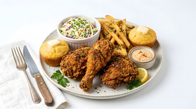 Delicious plate of fried chicken with coleslaw fries and cornbread on white background transparent background