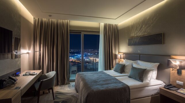 Modern hotel room with double bed, night tables, television and cityscape view from window, luxury accommodation interior with cozy lighting, urban skyline and comfortable travel stay experience