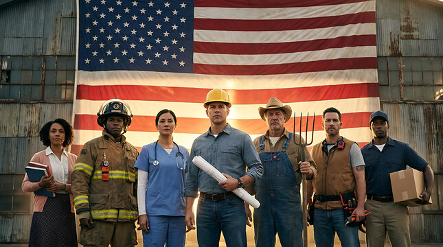 Group of diverse American workers and professionals standing together in front of a large flag representing national pride and labor