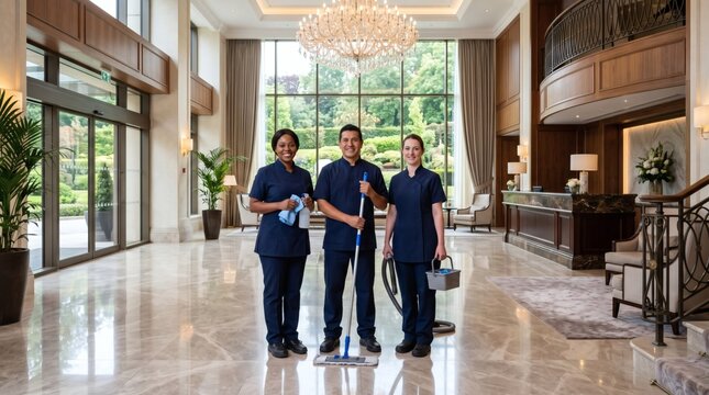 Diverse hotel cleaning staff posing with cleaning supplies in a luxurious lobby
