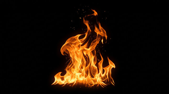 Flames of Intensity: A mesmerizing display of vibrant orange and yellow flames dancing against a stark black background, evoking a sense of power and energy.