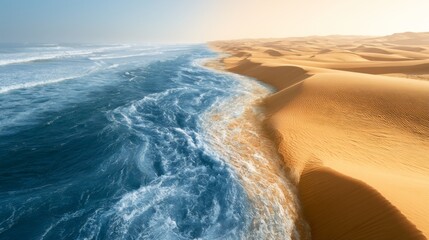Fototapeta premium Serene Desert Landscape with Splitting Blue Water Flowing Along Sandy Dunes at Sunrise