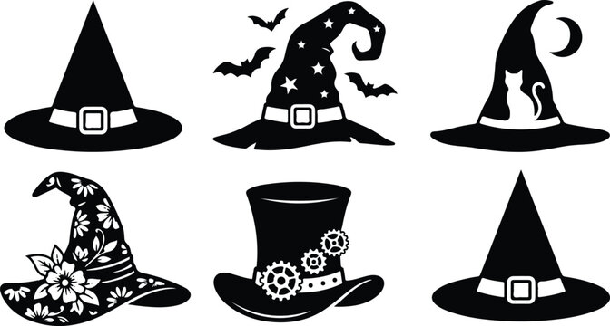 Variety of black silhouette witch hats and steampunk top hat vector graphics