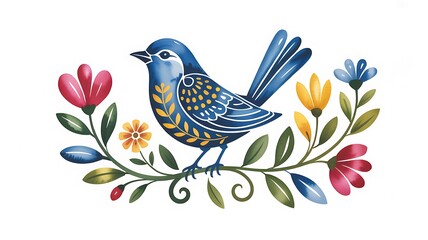 Fototapeta premium Stylized blue bird adorned with decorative patterns perches on a vibrant folk art floral branch