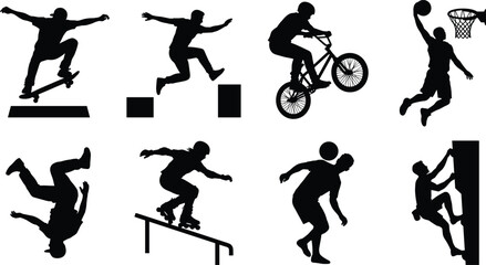 Naklejka premium Extreme Sports Black Silhouette Collection Featuring Skateboarding BMX Basketball Parkour Breakdancing Climbing and Freestyle Action Icons