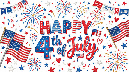 Obraz premium Festive 4th of July pattern with flags and fireworks graphics.