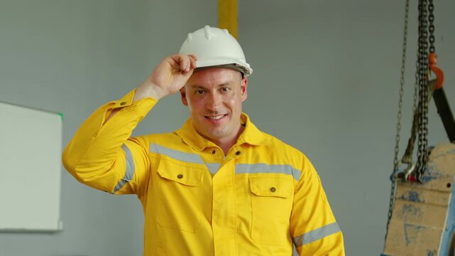 Confident smiling adult male industrial worker wearing a bright yellow uniform puts on a white hard hat and crosses his arms looking directly at the camera inside a modern manufacturing facility area