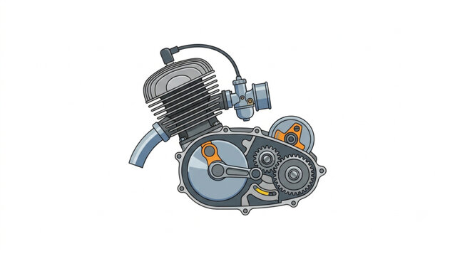 Vintage two stroke scooter engine illustration with internal gears and carburetor isolated on white background
(Ilustrasi mesin skuter dua tak klasik dengan roda gigi internal dan karburator terisolas